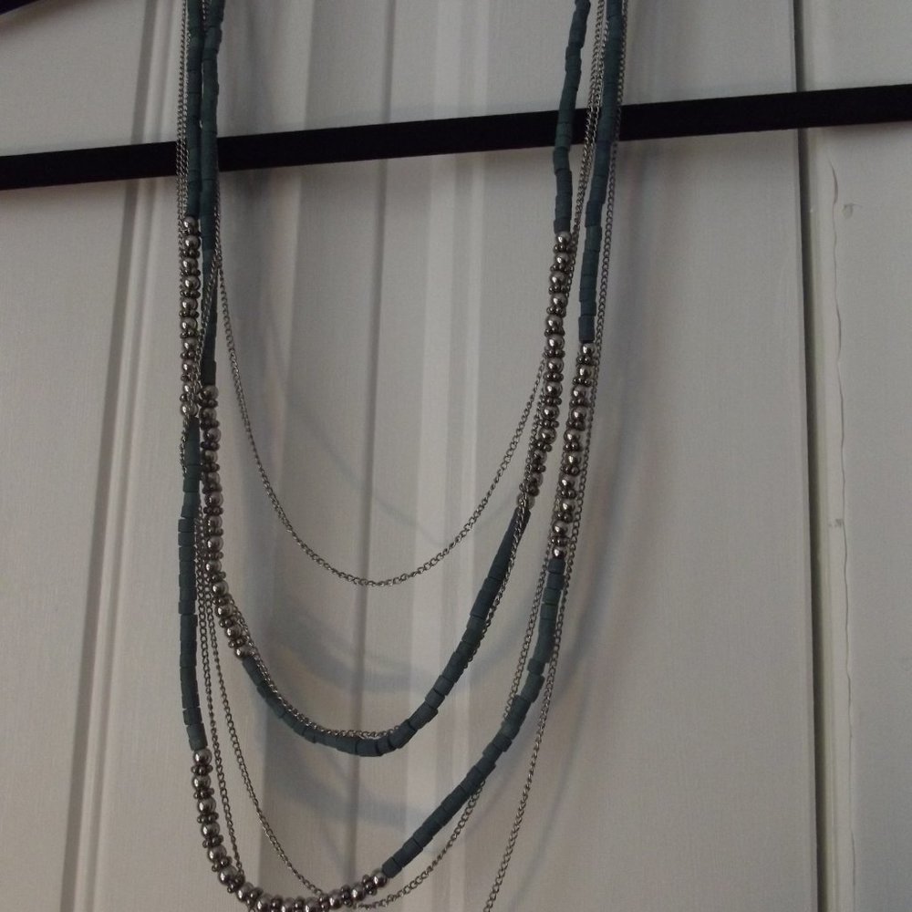 BOHO Silver and Turquoise Multi Strand Southwestern Style Beaded Necklace